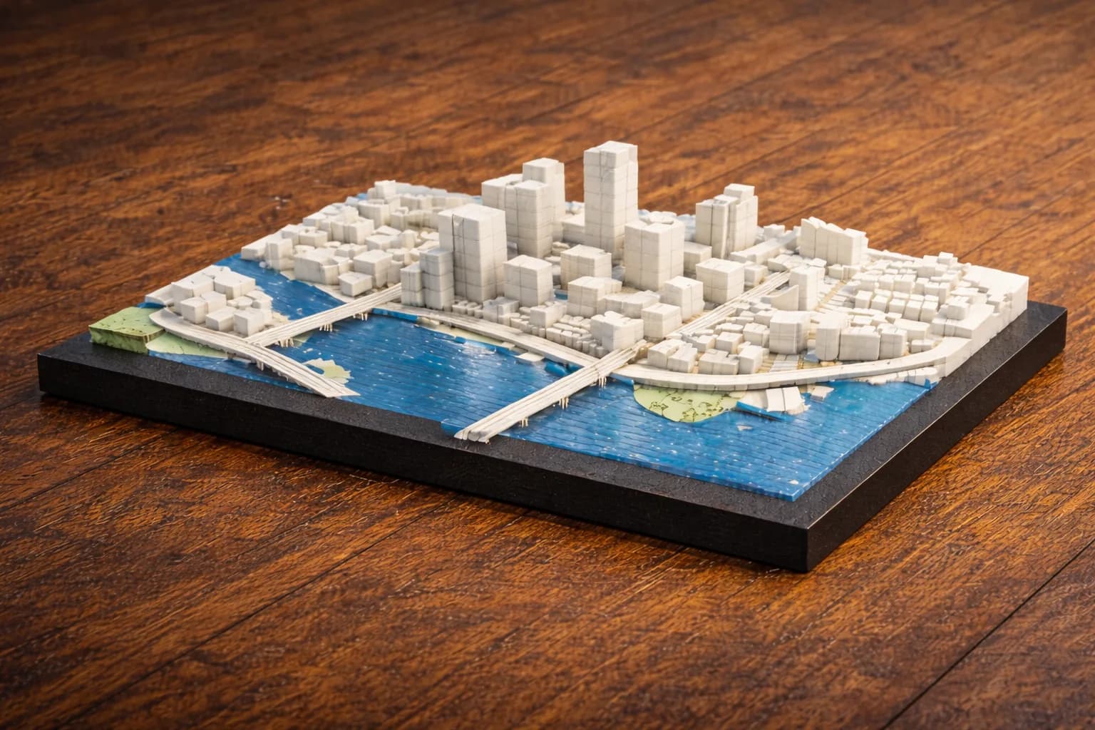 Custom 3D printed city model with buildings, roads, bridges, and blue water on a black base — created by 3D City Skyline