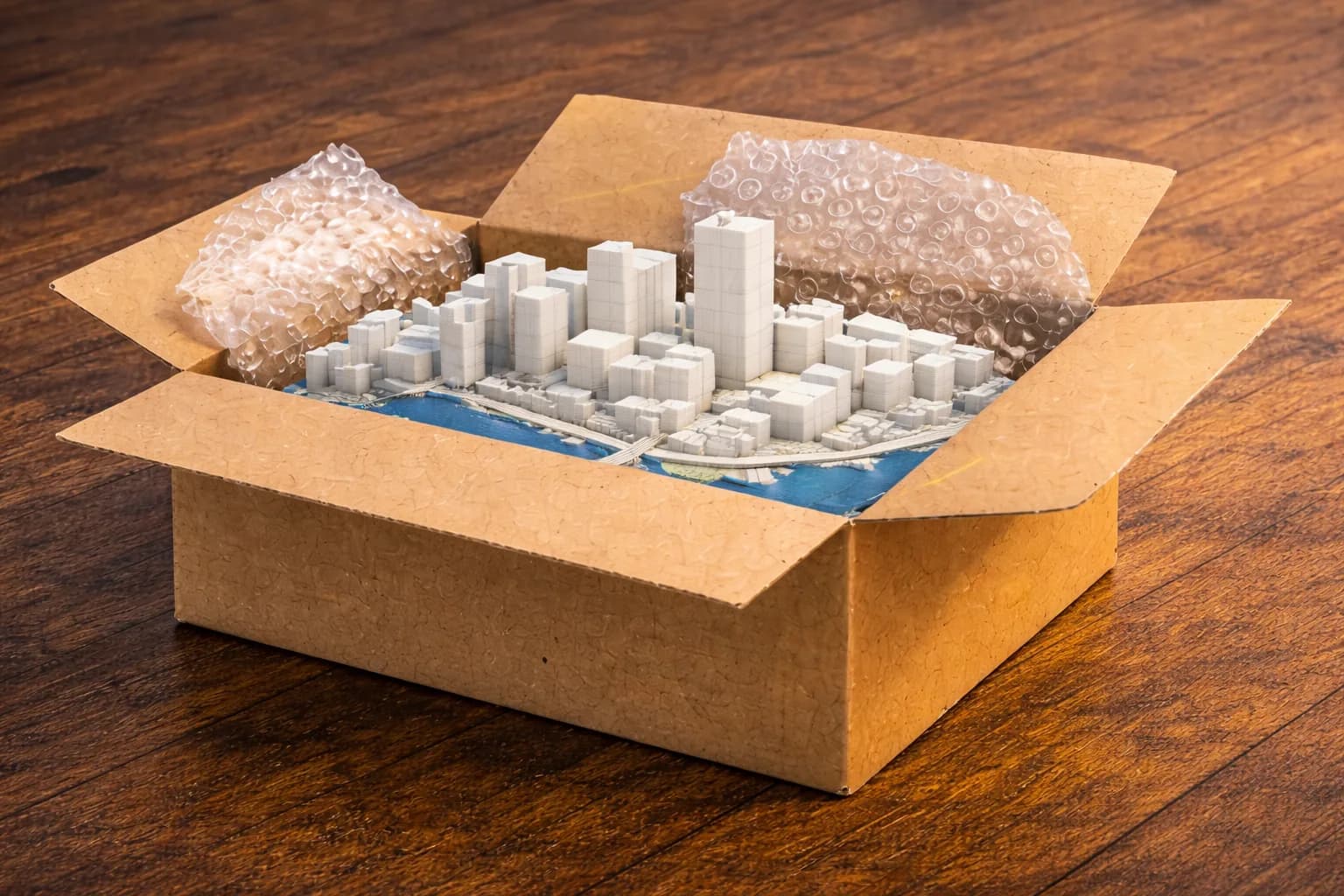 3D printed city model carefully packed for shipping — a unique gift
